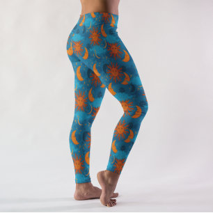 Celestial Stars Sun Moon Clouds Night Sky Blue Leggings