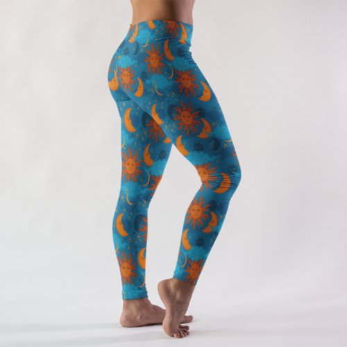 Celestial Stars Sun Moon Clouds Night Sky Blue  Leggings