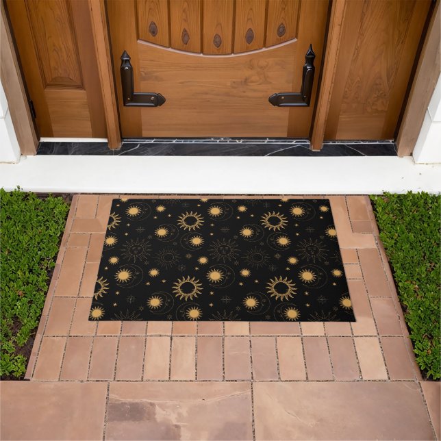 Celestial Stars Sun Moon Pattern Black Gold  Doormat (Outdoor)