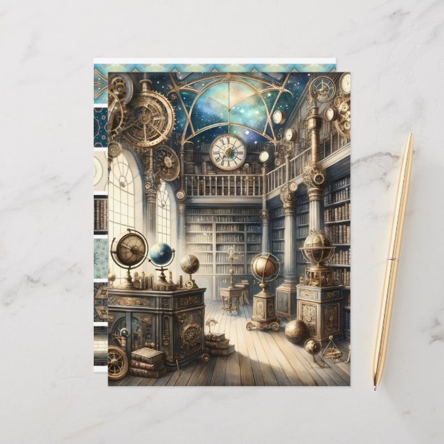 Celestial Steampunk Library Scrapbook Paper (Front/Back In Situ)