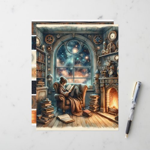 Celestial Steampunk Library Scrapbook Paper
