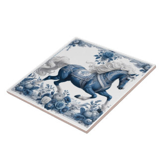 Celestial Steed:  Floral Splendor Ceramic Tile