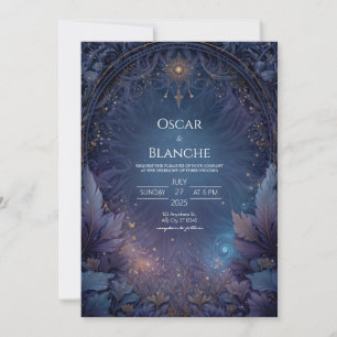 Celestial Sun and Dark Navy Foliage Wedding Invitation