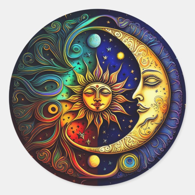Celestial Sun and Moon Classic Round Sticker (Front)