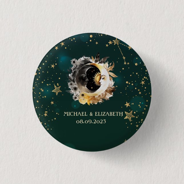 Celestial Sun And Moon Flowers Stars Green Button (Front)