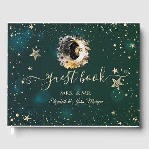 Celestial Sun And Moon Flowers Stars Green Guest Book