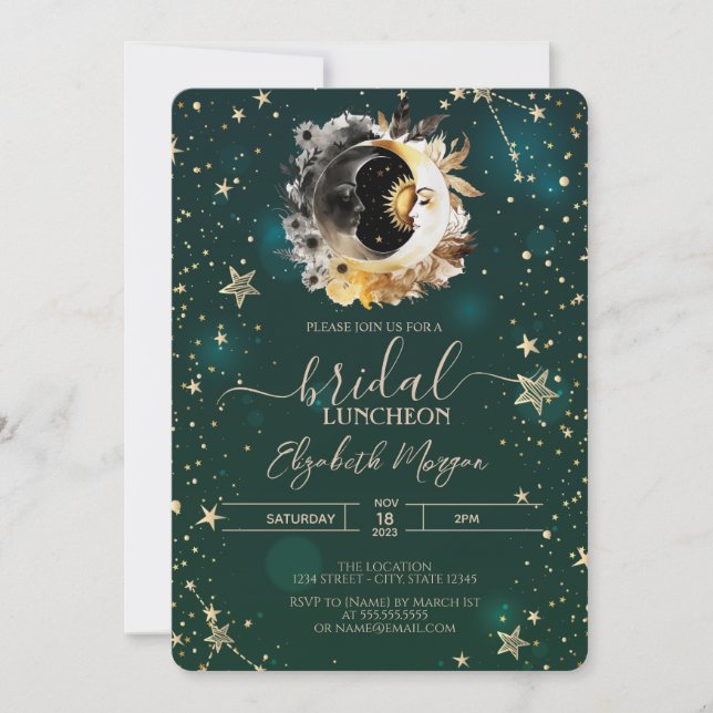 Celestial Sun And Moon Flowers Stars Green Invitation (Front)