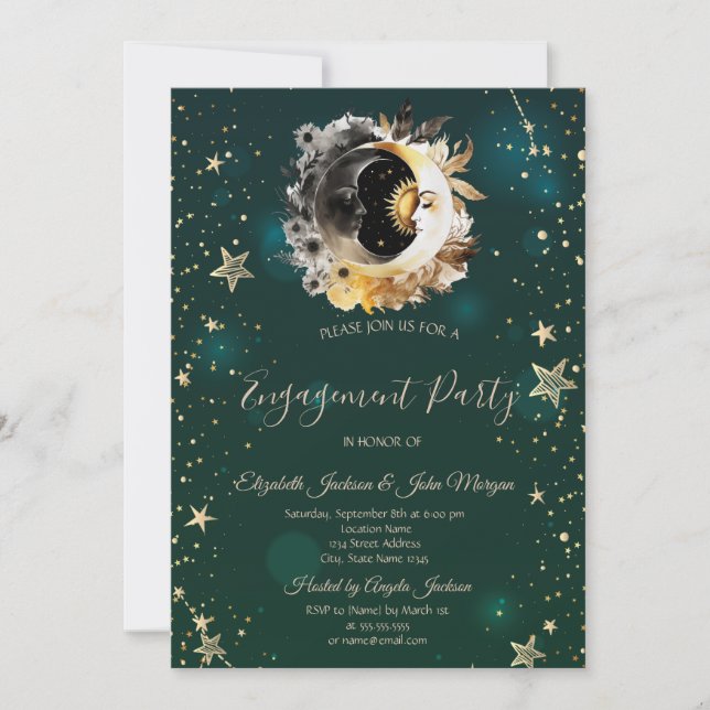 Celestial Sun And Moon Flowers Stars Green Invitation (Front)