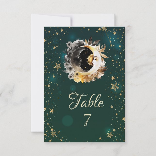 Celestial Sun And Moon Flowers Stars Green Invitation (Front)