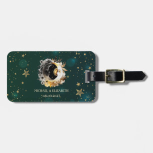 Celestial Sun And Moon Flowers Stars Green Luggage Tag