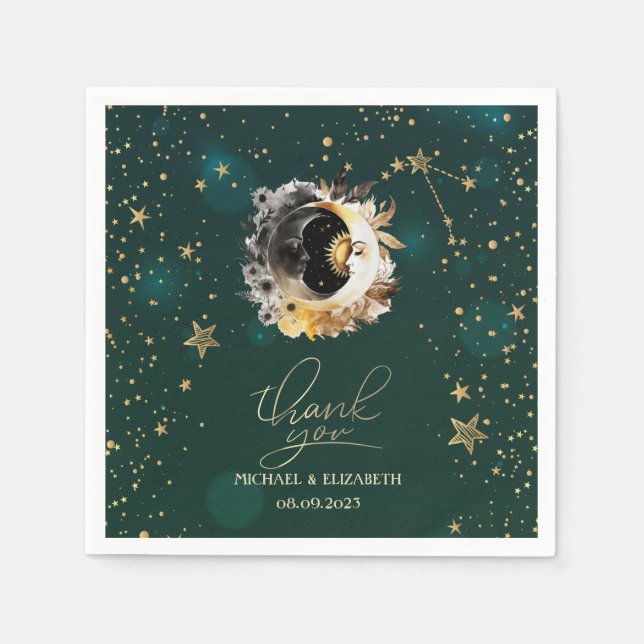 Celestial Sun And Moon Flowers Stars Green Napkins (Front)