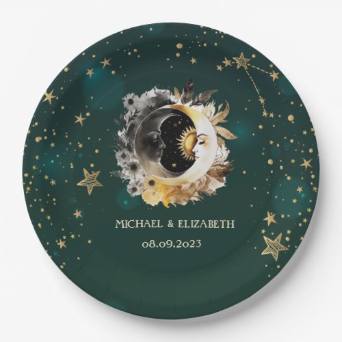 Celestial Sun And Moon Flowers Stars Green Paper Plates