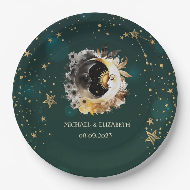 Celestial Sun And Moon Flowers Stars Green Paper Plates (Front)