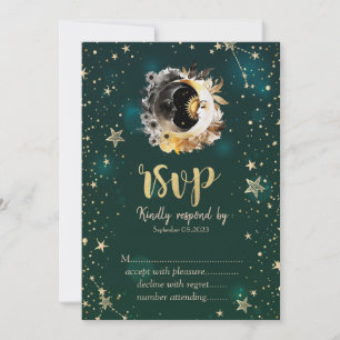 Celestial Sun And Moon Flowers Stars Green RSVP Invitation