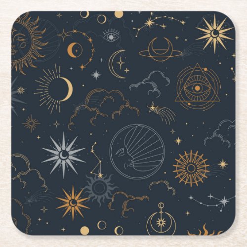 Celestial Sun and Moon Mystical Elements Square Paper Coaster