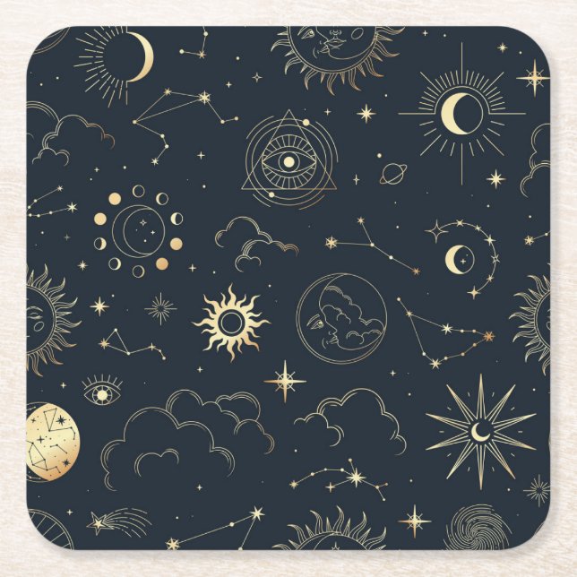 Celestial Sun and Moon Mystical Elements Square Paper Coaster (Front)