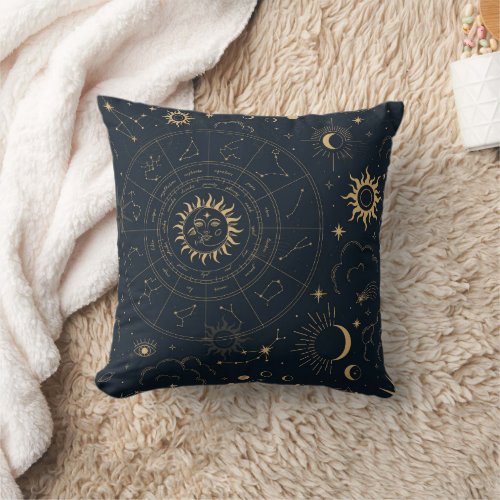 Celestial Sun and Moon Mystical Throw Pillow