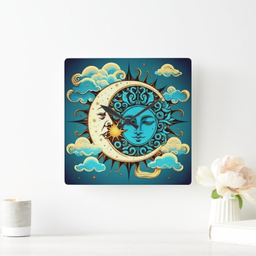 Celestial Sun and Moon Square Wall Clock