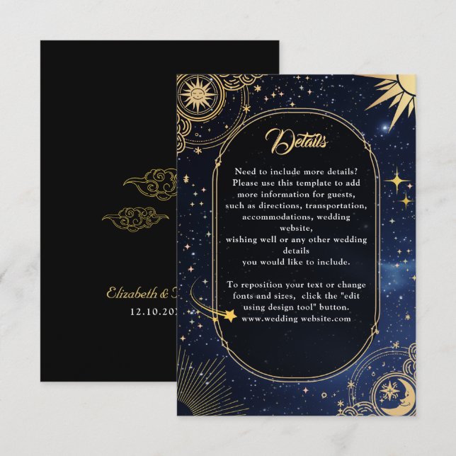 Celestial sun and moon wedding details  enclosure card (Front/Back)