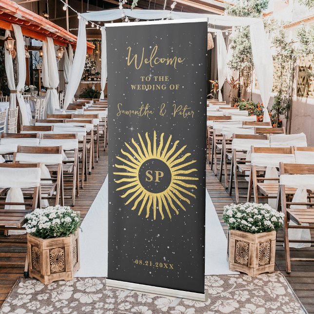 Celestial Sun Black & Gold Stars Wedding Welcome  Retractable Banner (Creator Uploaded)