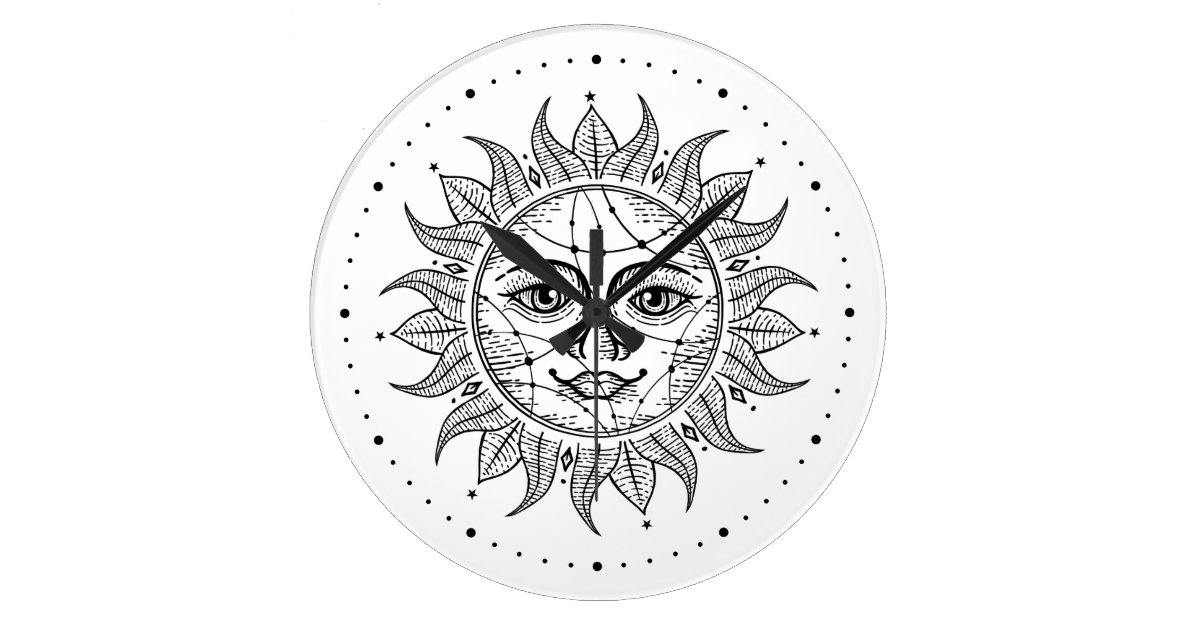 Celestial Sun Black White Vintage Style Sun Face Large Clock Zazzle Com