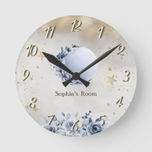 Celestial Sun,Blue Moon Roses,Stars Night Sky Round Clock