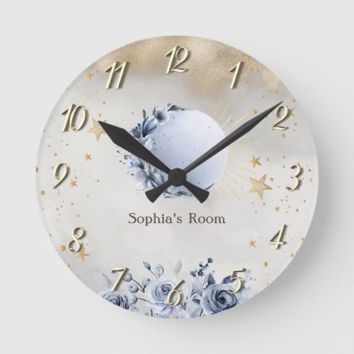 Celestial SunBlue Moon RosesStars Night Sky Round Clock