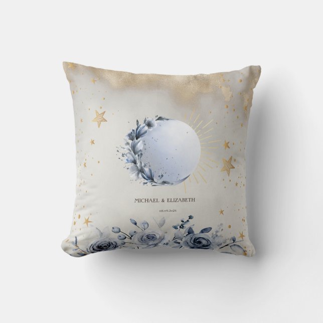 Celestial Sun,Blue Moon Roses,Stars Night Sky Throw Pillow (Front)