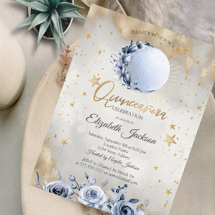 Celestial Sun,Blue Moon Roses Stars Quinceanera Invitation