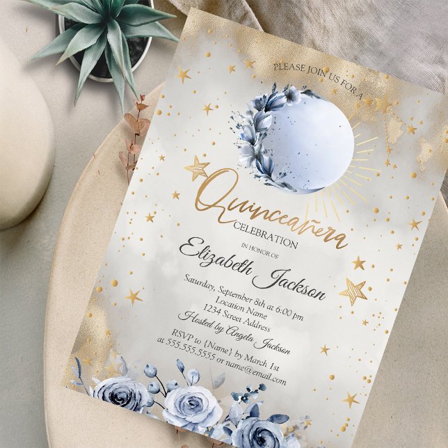 Celestial Sun,Blue Moon Roses Stars  Quinceanera Invitation (Creator Uploaded)