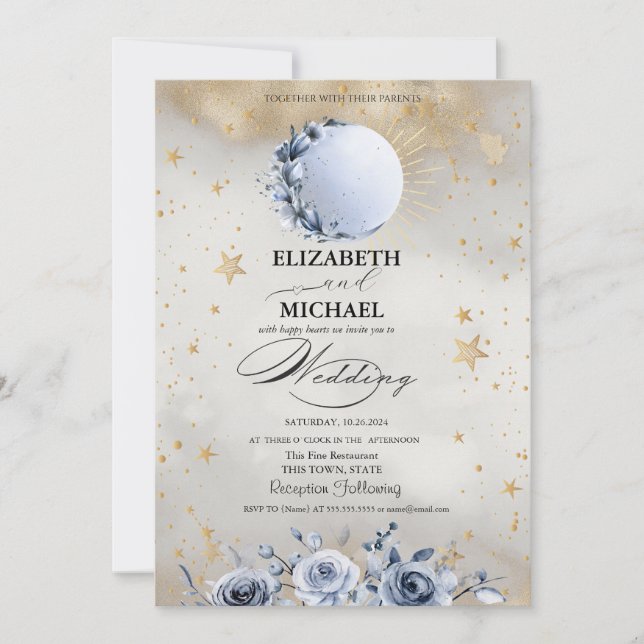 Celestial Sun,Blue Moon Roses Stars Script Invitation (Front)