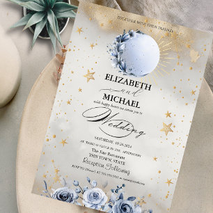 Celestial Sun,Blue Moon Roses Stars Script Invitation