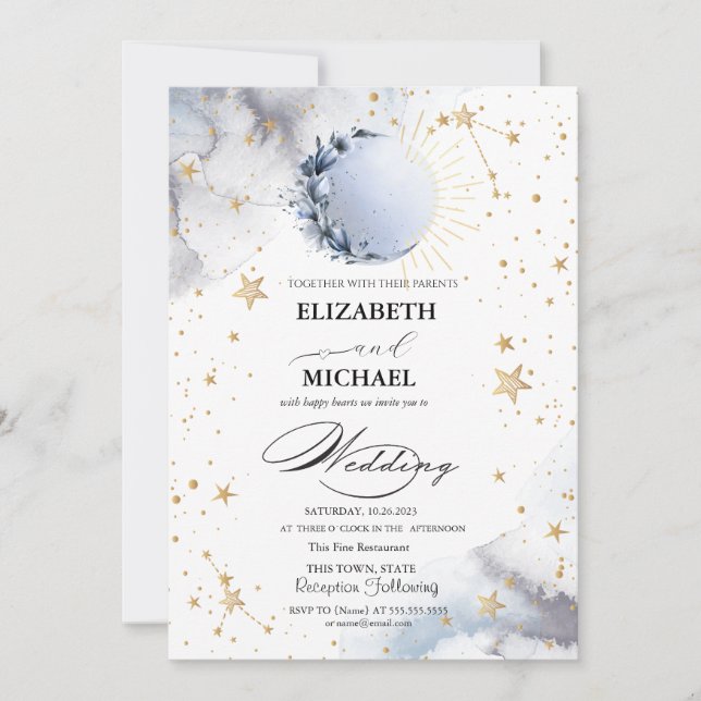 Celestial Sun,Blue Moon Roses Stars Script Invitation (Front)
