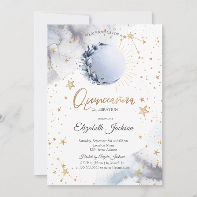 Celestial Sun,Blue Moon,Stars Flower Quinceanera Invitation (Front)