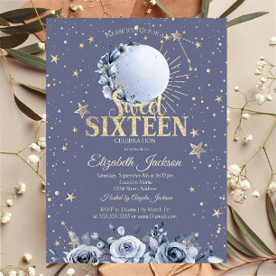 Celestial Sun,Blue Moon Stars Pastel Sweet 16 Invitation