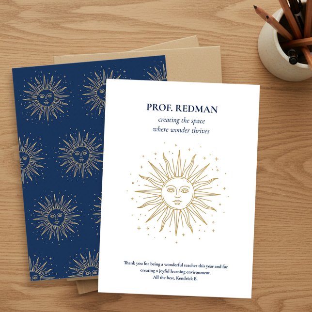 Celestial Sun Creating Space Where Wonder Thrives Thank You Card (Teacher Appreciation thank you card with celestial sun and quote by Darling & May)