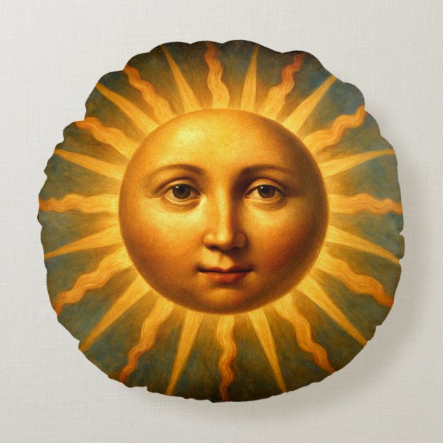 Celestial Sun & Crescent Moon Face Round Pillow (Front)