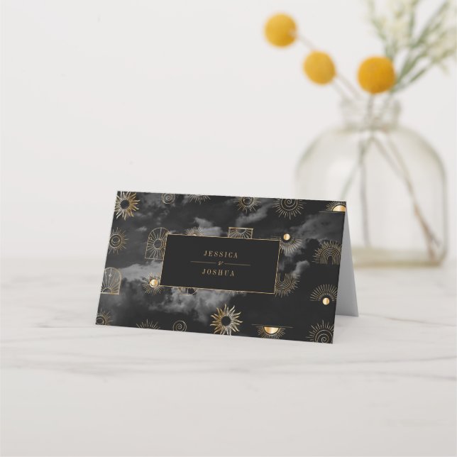 Celestial Sun Crescent Moon Galaxy Black Golden Place Card (Back)