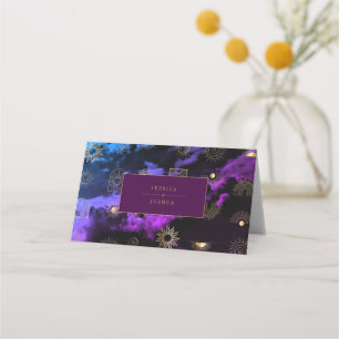 Celestial Sun Crescent Moon Galaxy Purple Golden Place Card