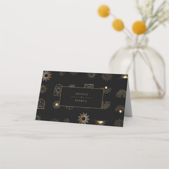 Celestial Sun Crescent Moon Golden Black Place Card (Back)