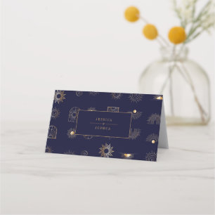 Celestial Sun Crescent Moon Golden Navy Place Card