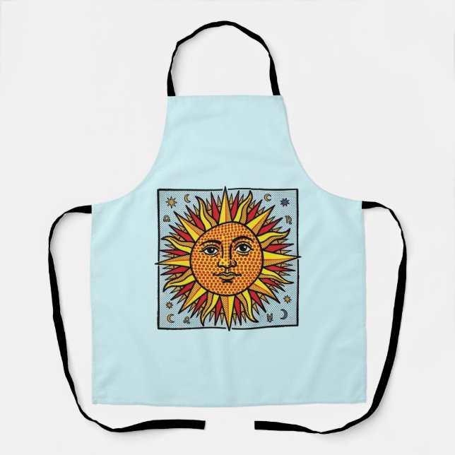 Celestial Sun Face Pop Art Comic Style Sunburst Apron (Front)