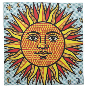 Celestial Sun Face Pop Art Comic Style Sunburst Cloth Napkin