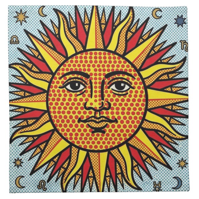 Celestial Sun Face Pop Art Comic Style Sunburst Cloth Napkin (Front)