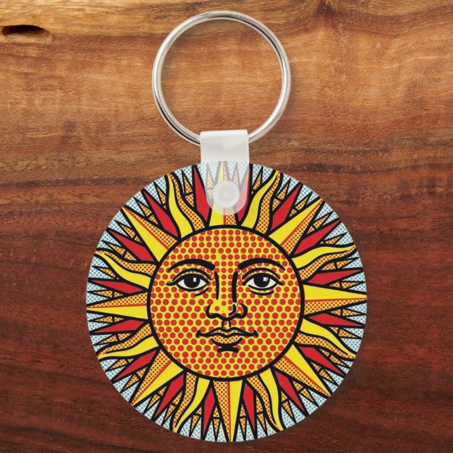 Celestial Sun Face Pop Art Comic Style Sunburst Keychain (Front)