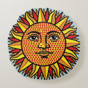 Celestial Sun Face Pop Art Comic Style Sunburst Round Pillow