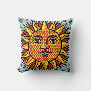 Celestial Sun Face Pop Art Comic Style Sunburst Throw Pillow