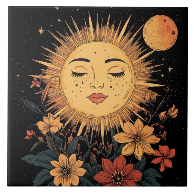 Celestial Sun Goddess with Blossoming Florals Ceramic Tile (Front)