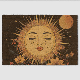 Celestial Sun Goddess with Blossoming Florals Fiber Doormat