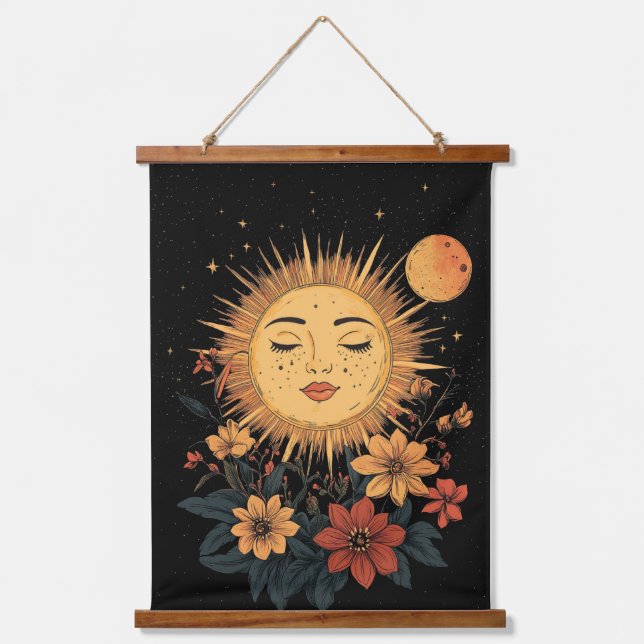 Celestial Sun Goddess with Blossoming Florals Hanging Tapestry (Front)